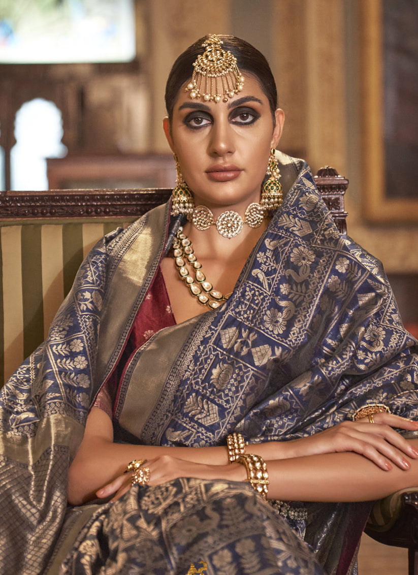 Navy Blue Silk Banarasi Woven Saree