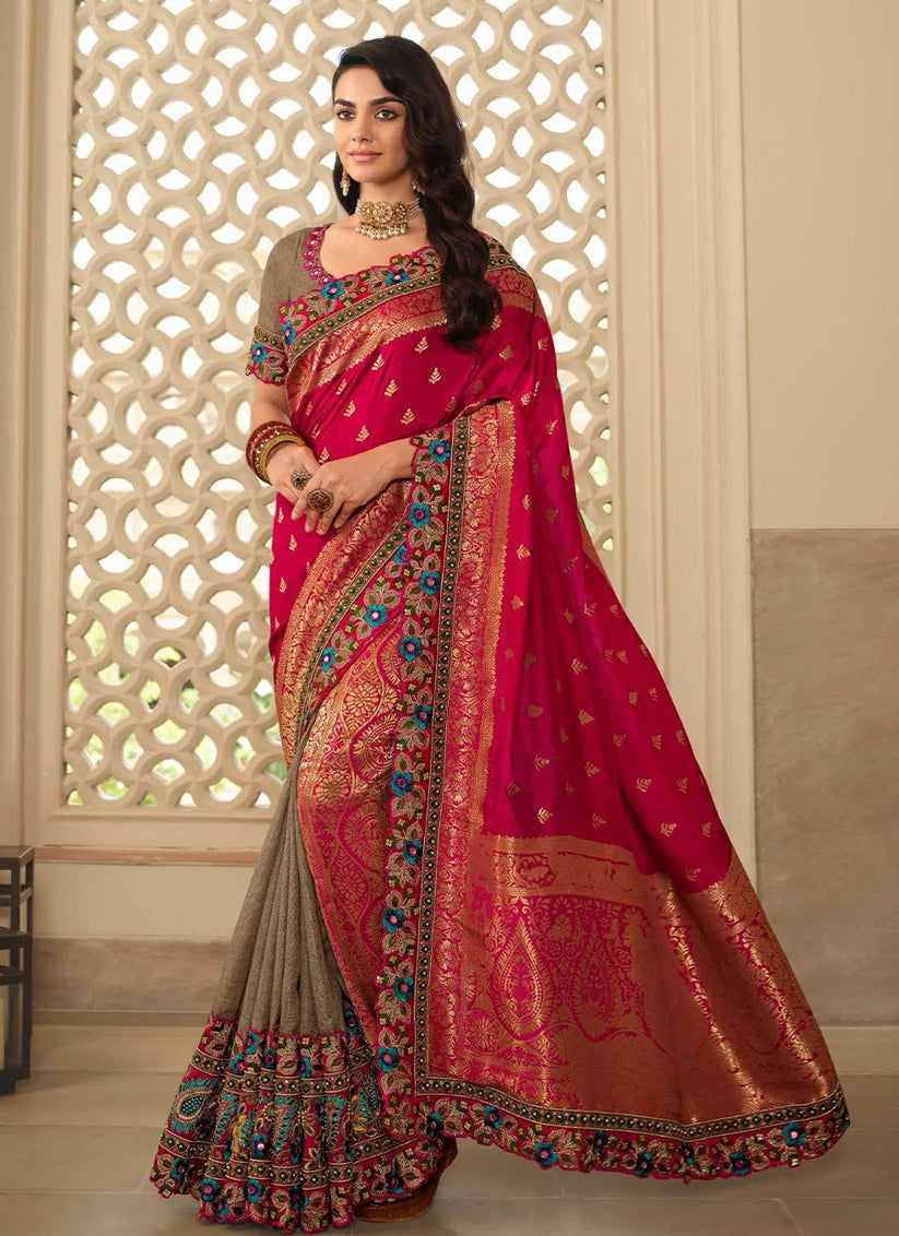 Rani Pink & Beige Silk Embroidered Wedding Saree