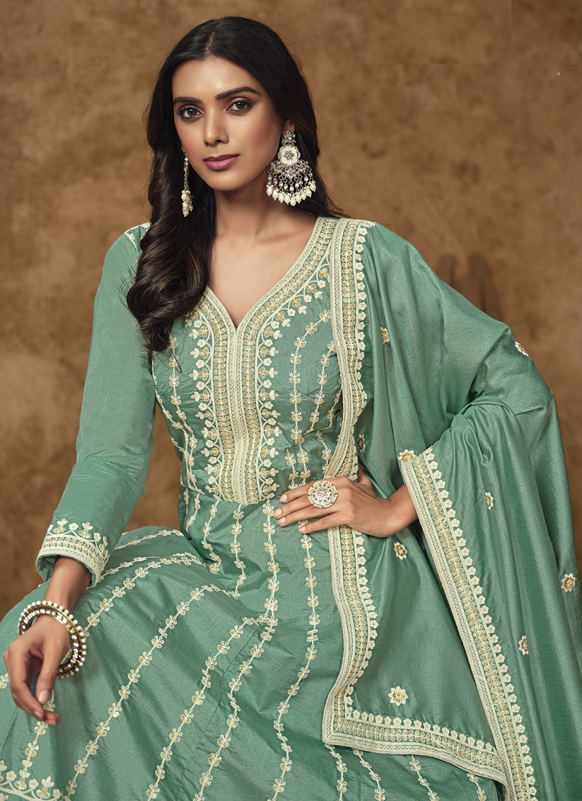 mint blue dola silk embroidered gown with dupatta