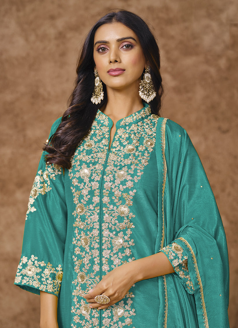 firozi chinnon silk embroidered palazzo kameez