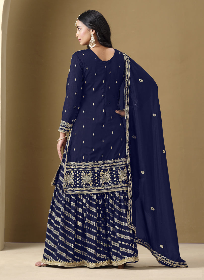navy blue art silk readymade embroidered sarara kameez