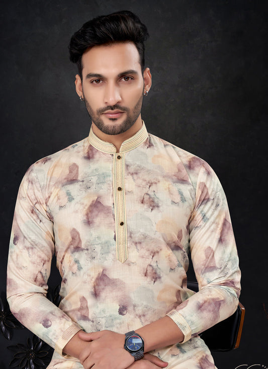 Pastel Yellow Silk Digital Print Mens Kurta Pajama Set