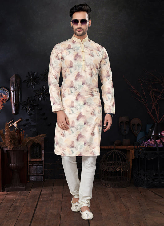 Pastel Yellow Silk Digital Print Mens Kurta Pajama Set