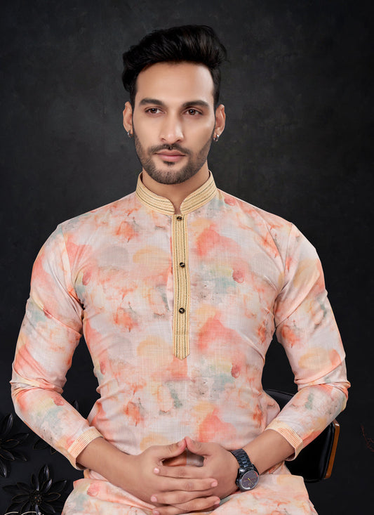 Salmon Orange and White Silk Digital Print Mens Kurta Pajama Set