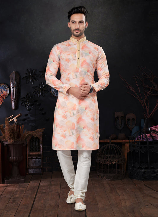 Salmon Orange and White Silk Digital Print Mens Kurta Pajama Set