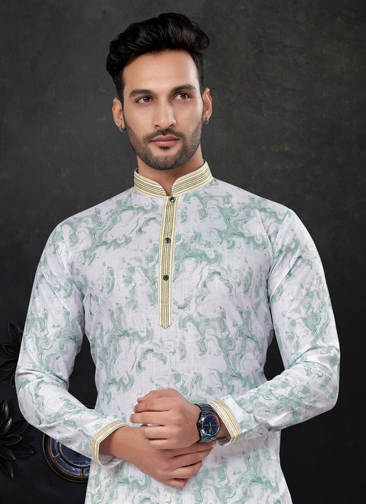 Teal Mint and White Silk Digital Print Mens Kurta Pajama Set