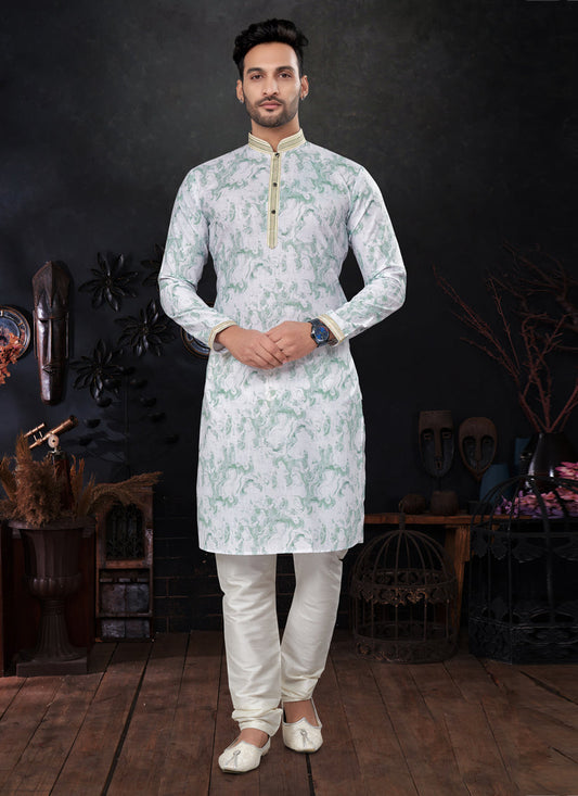 Teal Mint and White Silk Digital Print Mens Kurta Pajama Set