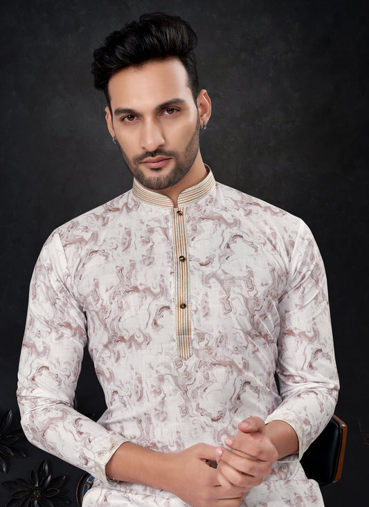 Burgundy Brown and White Silk Digital Print Mens Kurta Pajama Set
