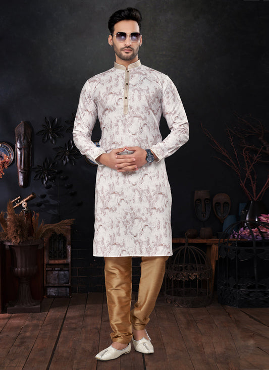 Burgundy Brown and White Silk Digital Print Mens Kurta Pajama Set
