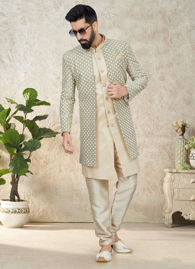 Cream Indo Western with Embroidered Jacket