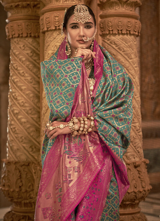 Rama Green Jacquard Woven Silk Saree