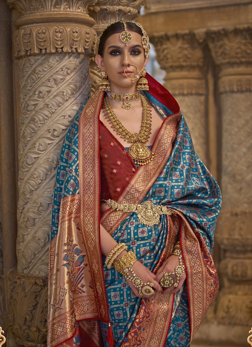 Peacock Blue Jacquard Woven Silk Saree