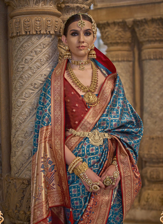 Peacock Blue Jacquard Woven Silk Saree