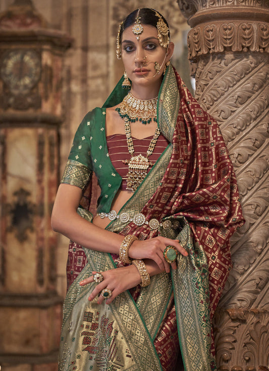 Maroon Jacquard Woven Silk Saree