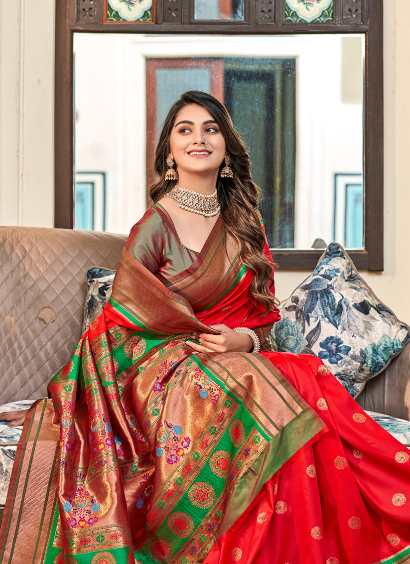 Red Paithani Silk Zari Woven Saree