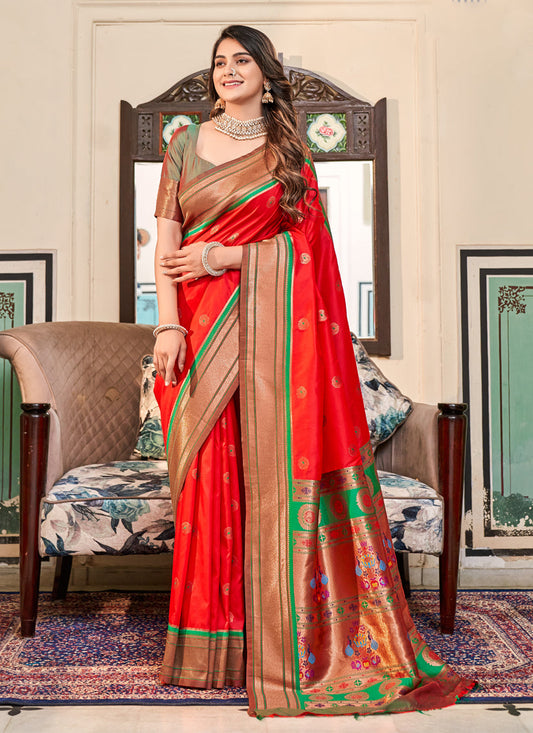 Red Paithani Silk Zari Woven Saree