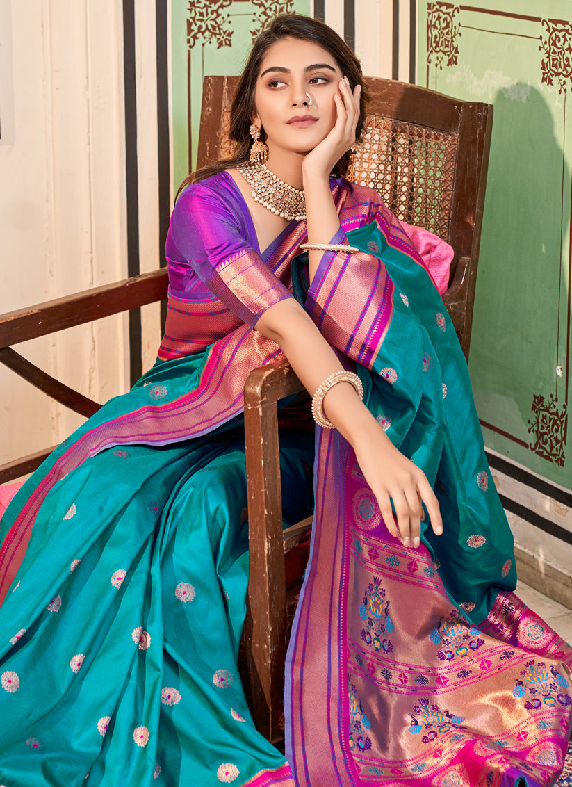 Turquoise Paithani Silk Zari Woven Saree