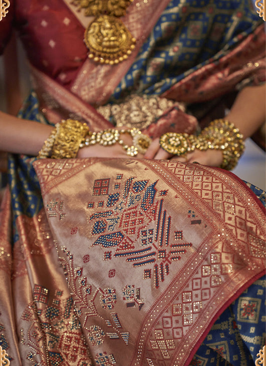 Navy Blue Jacquard Woven Silk Saree