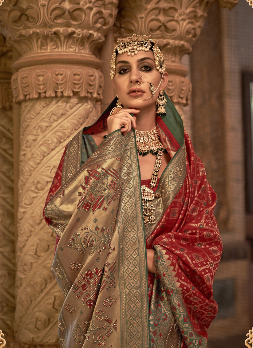 Hot Red Jacquard Woven Silk Saree