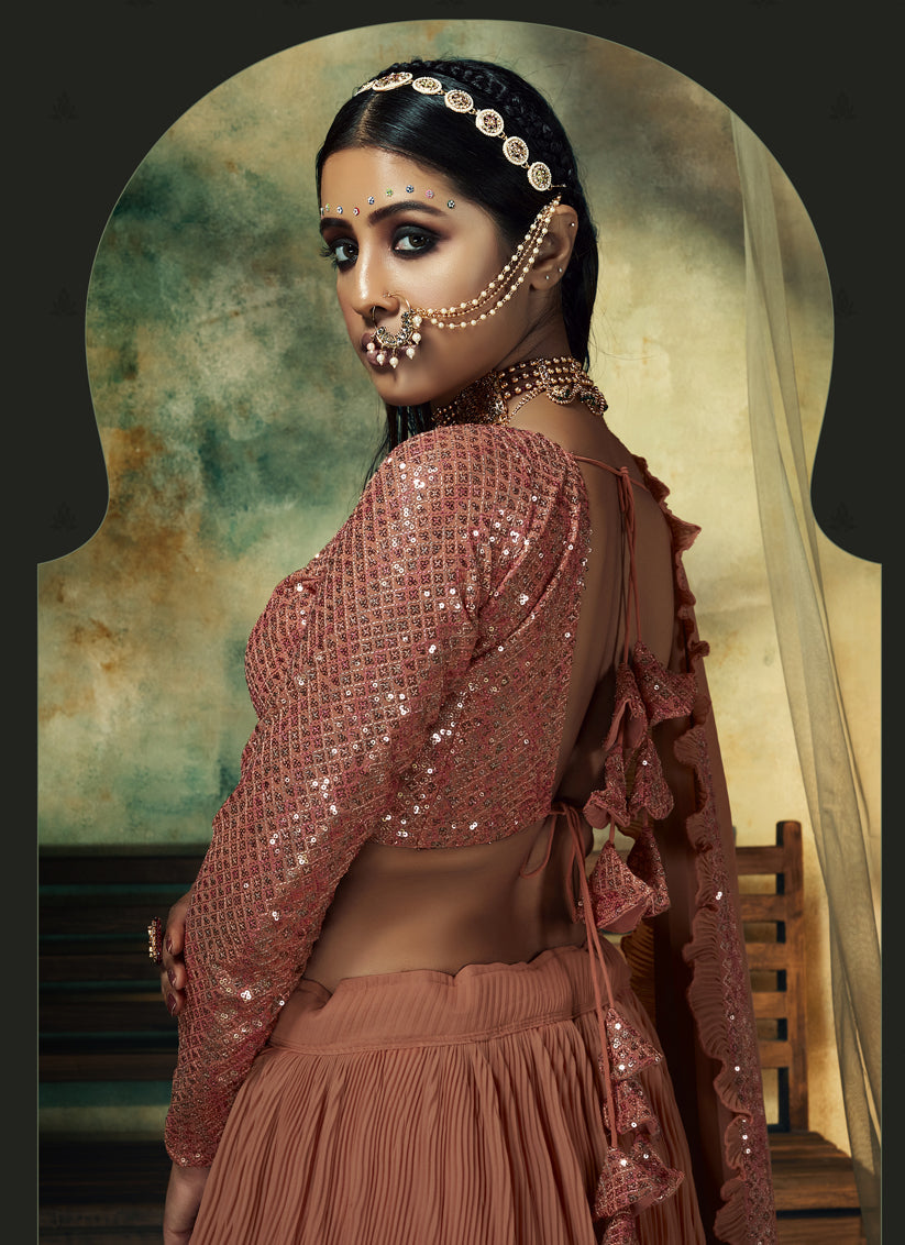 Coral Peach Faux Georgette Embroidered Designer Lehenga Choli