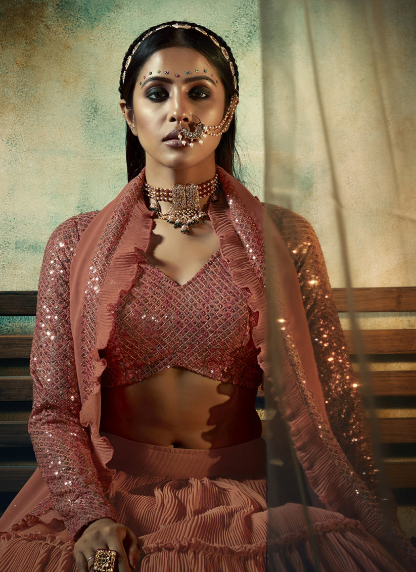 Coral Peach Faux Georgette Embroidered Designer Lehenga Choli