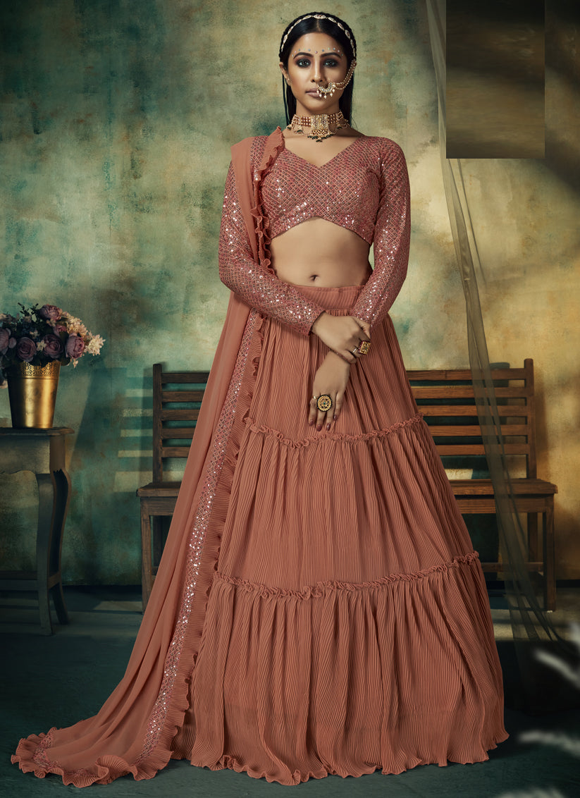 Coral Peach Faux Georgette Embroidered Designer Lehenga Choli
