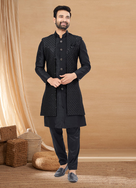 Black Art Silk Jacket Style Designer Indo Western