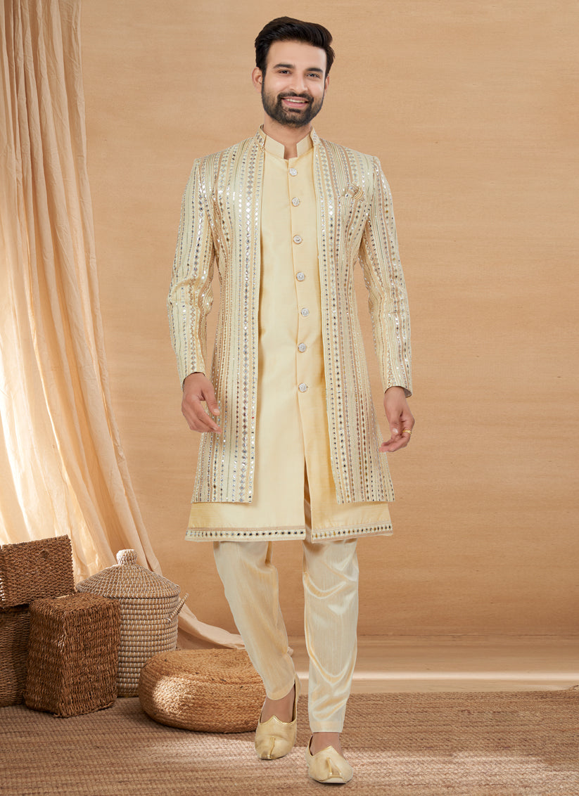 Beige Art Silk Jacket Style Designer Indo Western