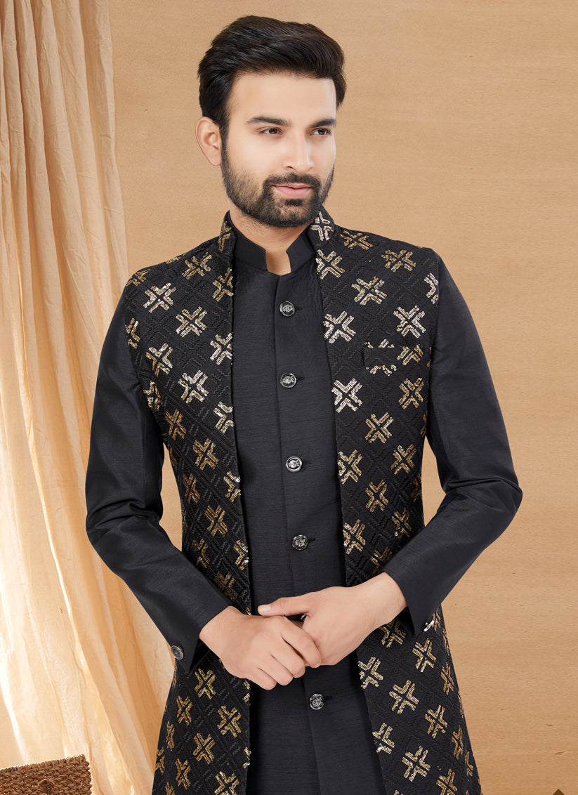 Black Art Silk Jacket Style Designer Indo Western