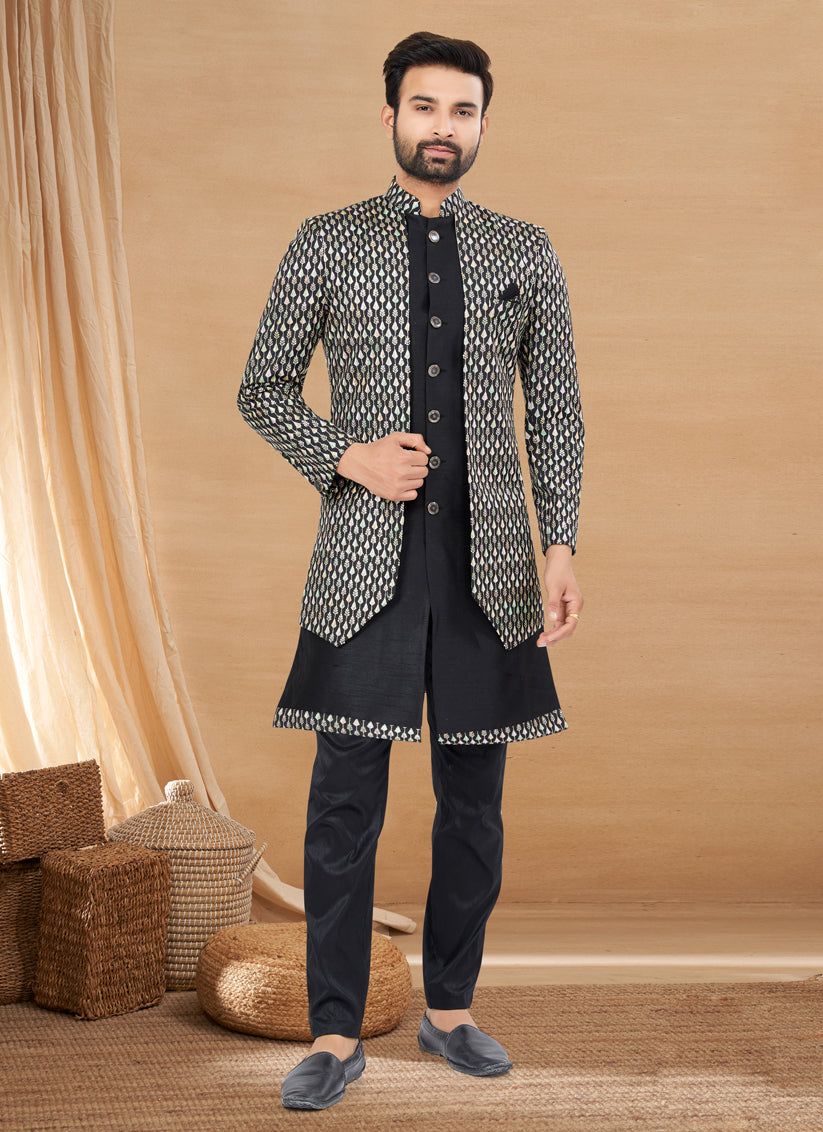 Black Art Silk Jacket Style Designer Indo Western