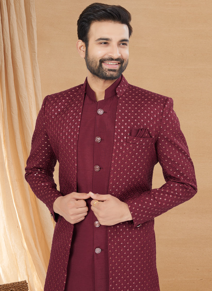 Maroon Art Silk Jacket Style Designer Indo Western
