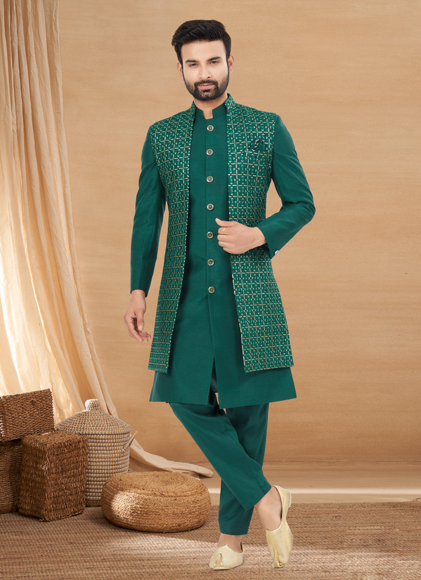 Green Art Silk Jacket Style Designer Indo Western