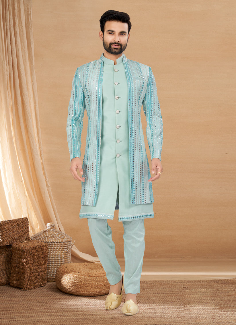 Sky Blue Art Silk Jacket Style Designer Indo Western