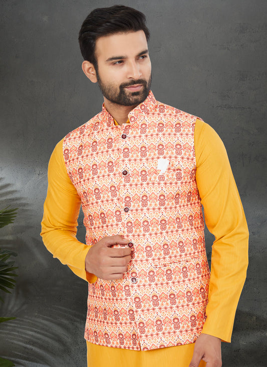 Yellow Cotton Mens Kurta Pajama Set With Jacket