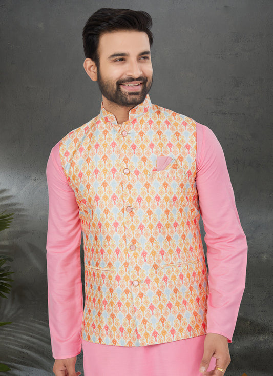 Pink Cotton Mens Kurta Pajama Set With Jacket