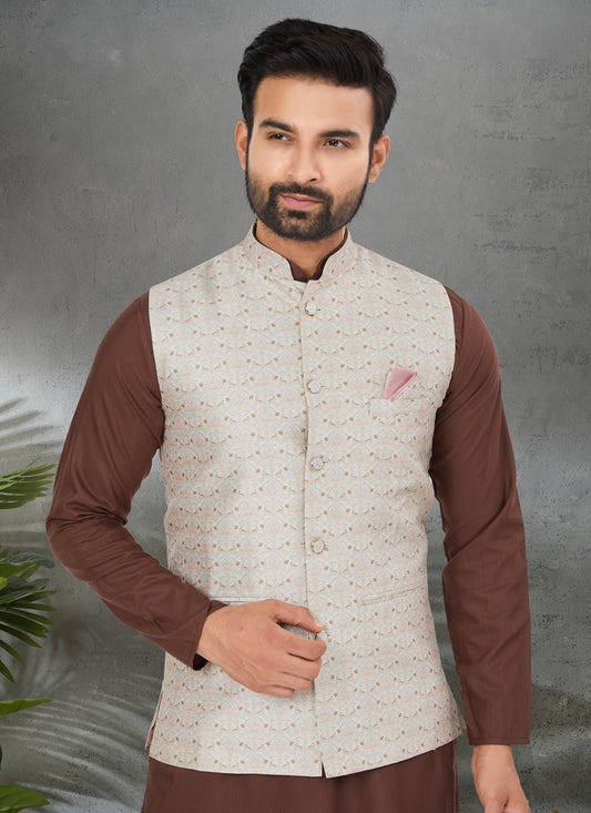Brown Cotton Mens Kurta Pajama Set With Jacket