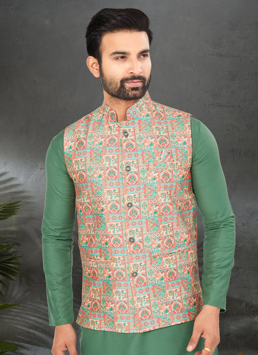 Green Cotton Mens Kurta Pajama Set With Jacket