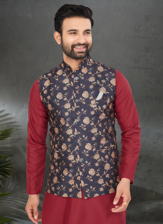 Maroon Cotton Mens Kurta Pajama Set With Jacket