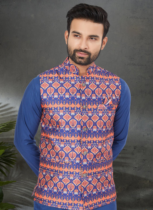 Blue Cotton Mens Kurta Pajama Set With Jacket