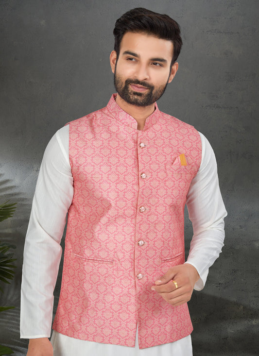 White Cotton Mens Kurta Pajama Set With Jacket