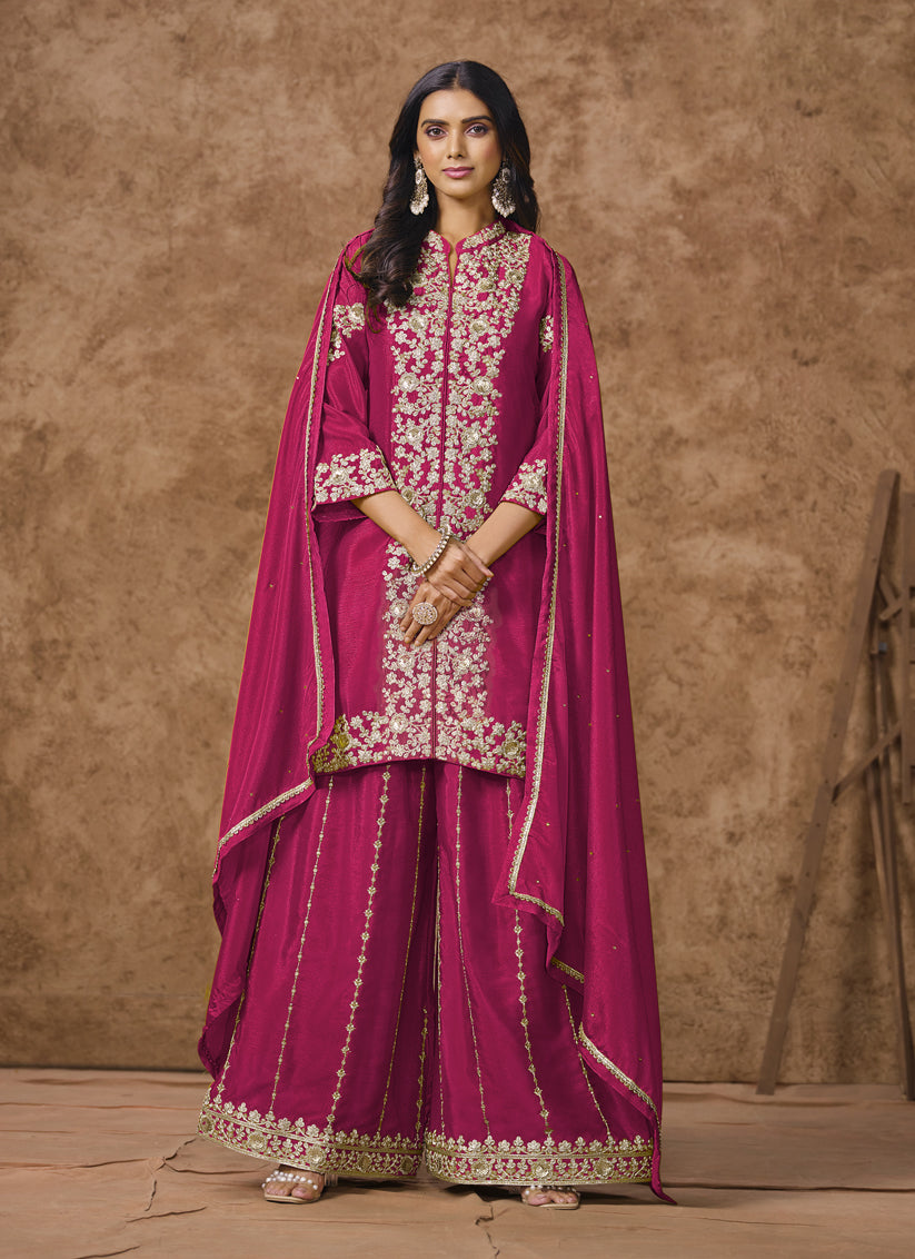 raspberry pink chinnon silk embroidered palazzo kameez