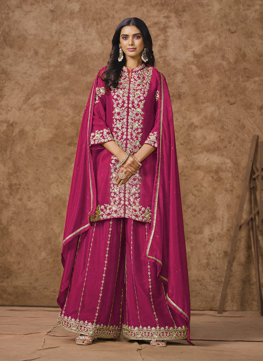 raspberry pink chinnon silk embroidered palazzo kameez