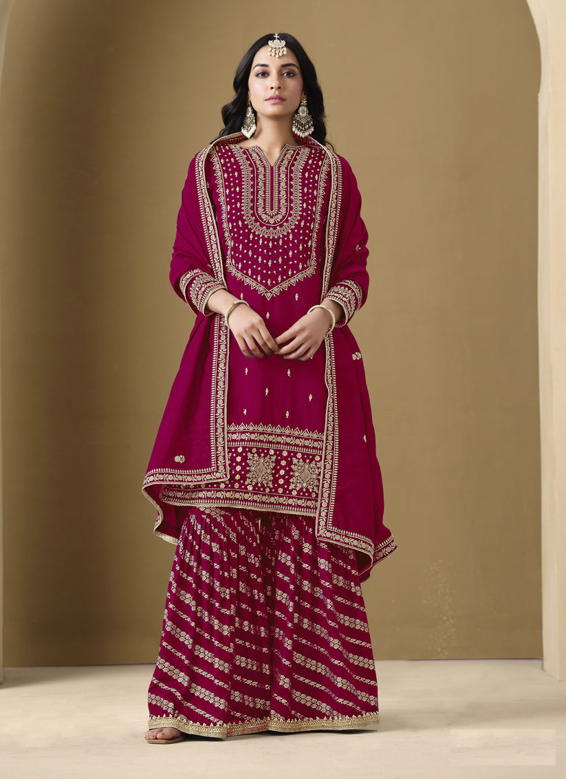 magenta art silk readymade embroidered sarara kameez
