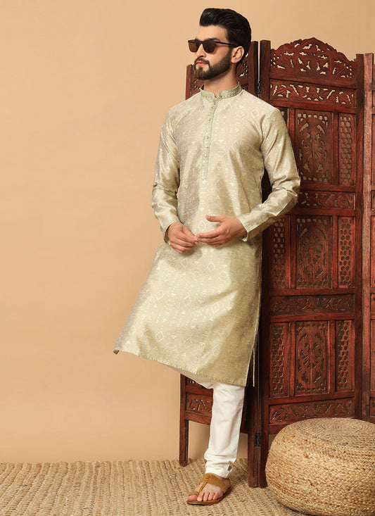 Pastel Green Jacquard Men Kurta Set for Festival