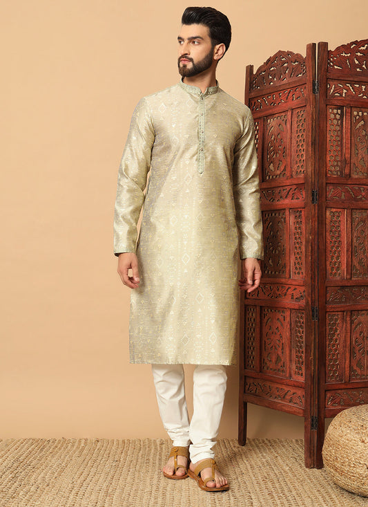 Pastel Green Jacquard Men Kurta Set for Festival