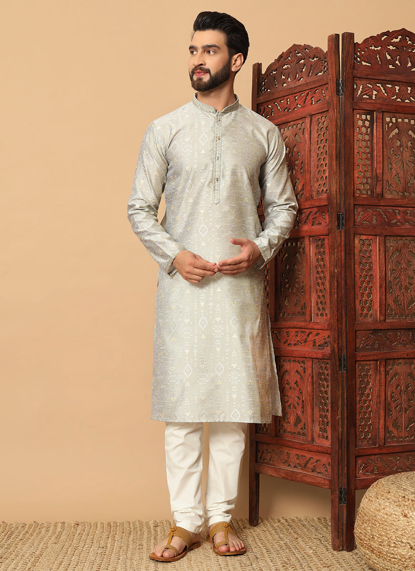 Soft Grey Jacquard Men Kurta Set for Festival