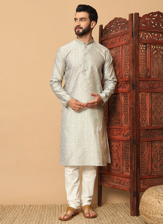 Soft Grey Jacquard Men Kurta Set for Festival