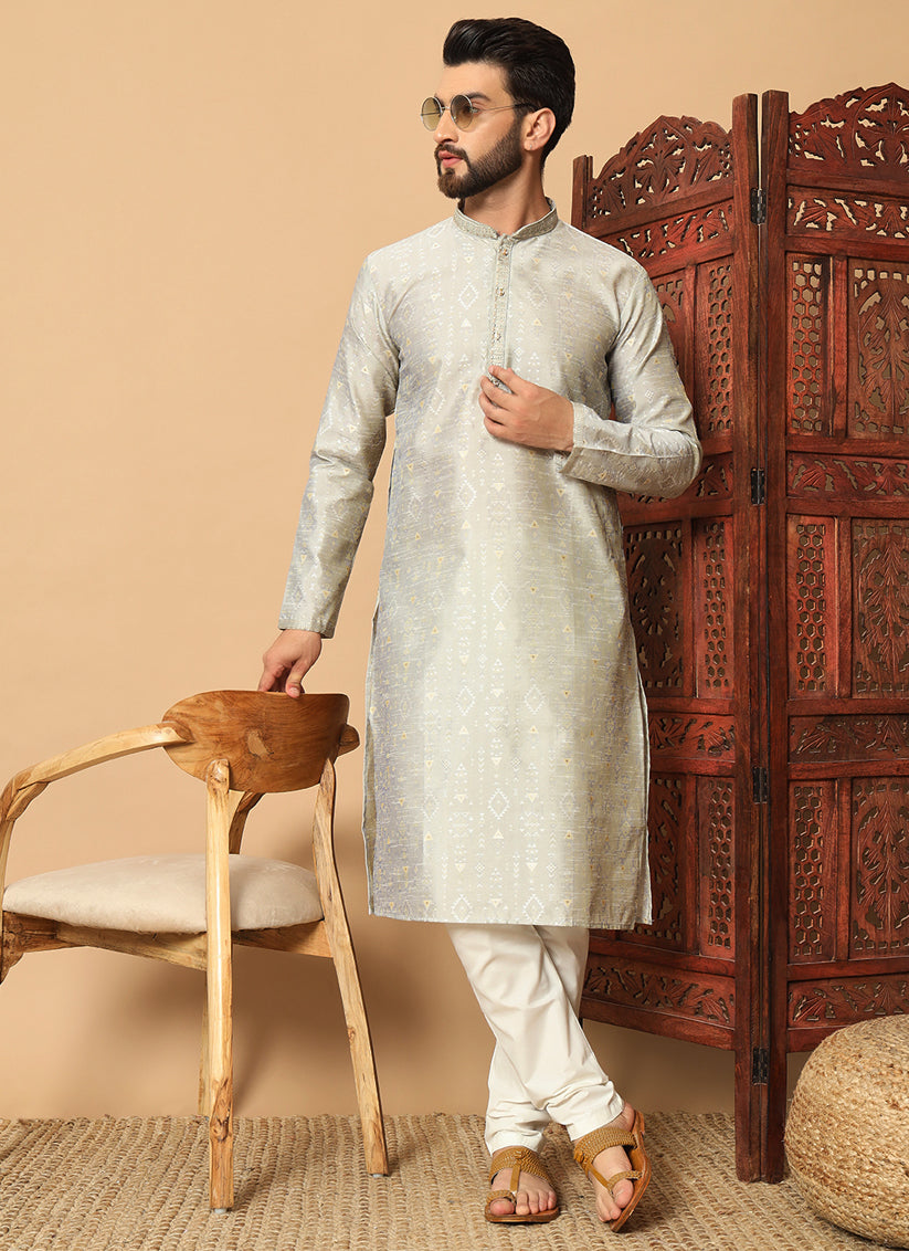 Soft Grey Jacquard Men Kurta Set for Festival