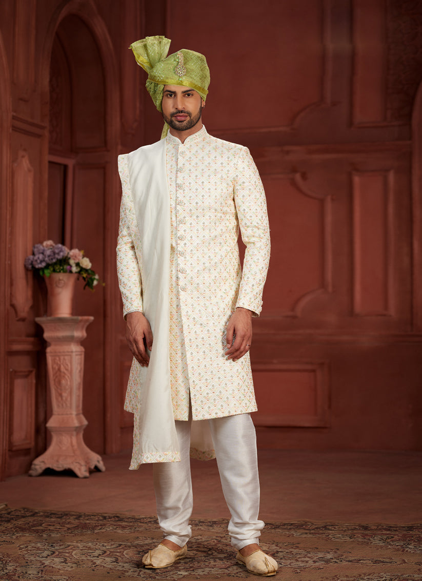 Cream Pure Silk Designer Wedding Sherwani