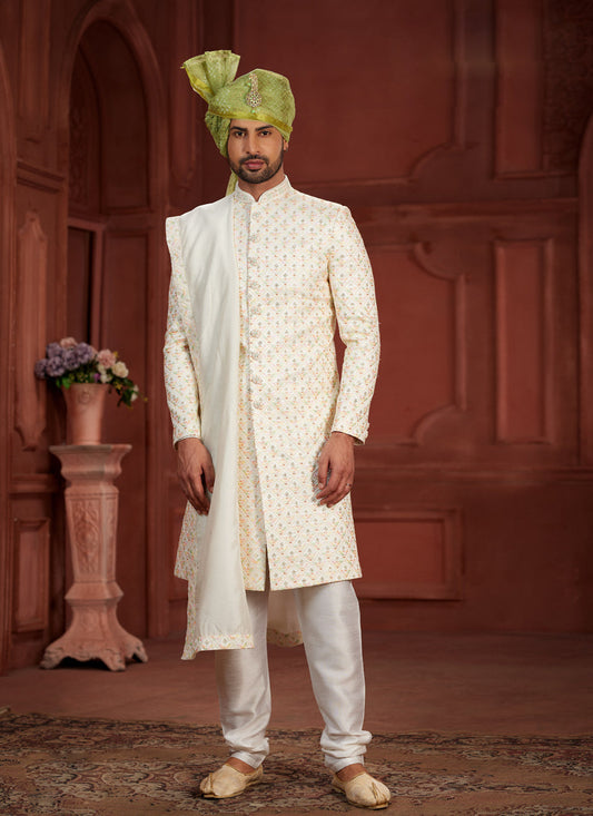 Cream Pure Silk Designer Wedding Sherwani